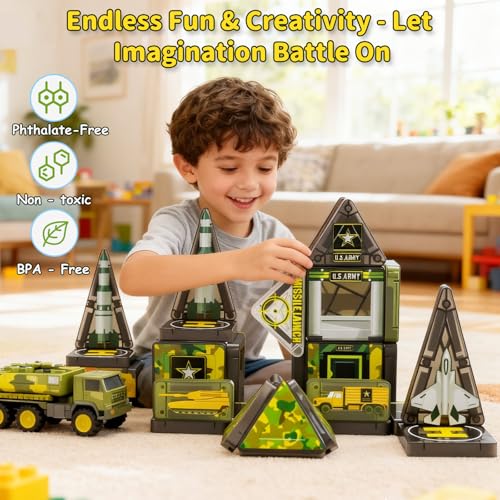 Magnetic Tiles,42PCS Magnetic Building Blocks with Metal Storage Box,Magnet Tiles for Kids Ages 3+,Magnet Tile for Boys & Girls(Military) - color: Green