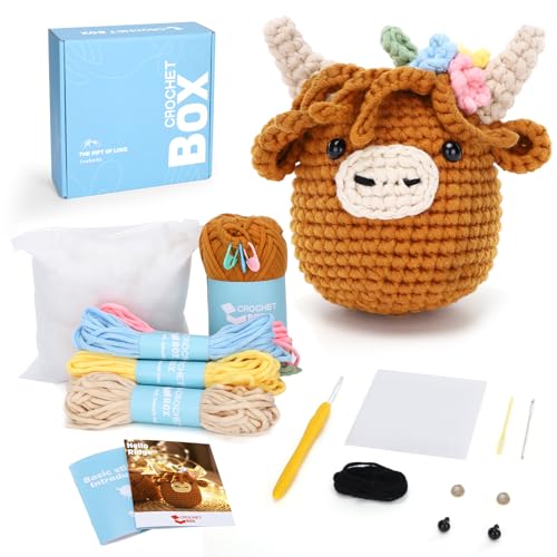 CrochetBox Brown Highland Cow Crochet Kit for Beginners, Craft for Adults - color: Highland Cow