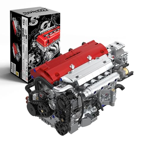 KMS JDM High Performance Engine Building Kit, K-Series Red Top 4-Cylinder Model with Linked Moving Pistons, Silver Metallic Finish, Mechanical Assembly Toy & Display Gift for Car Enthusiasts