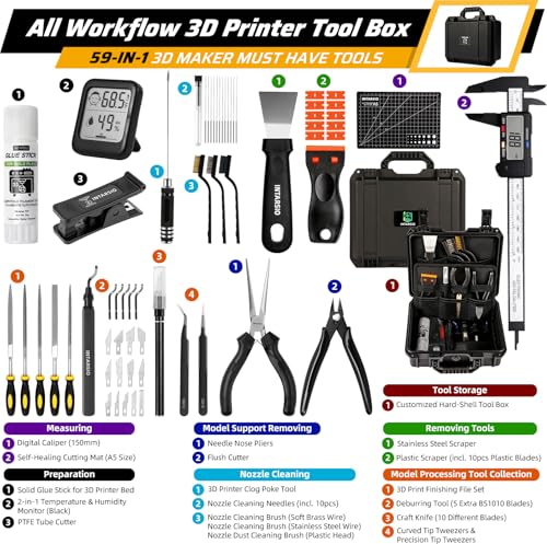 59pcs 3D Printer Tools Kit with Hard Case, 3D Printer Accessories incl Deburring Tool, Digital Caliper, Hygrometer, Nozzle Clog Poke, Pilers, Flush Cutter, for Bambu Lab, Ender 3, FDM/SLA Printers etc - style: Super 3D Box