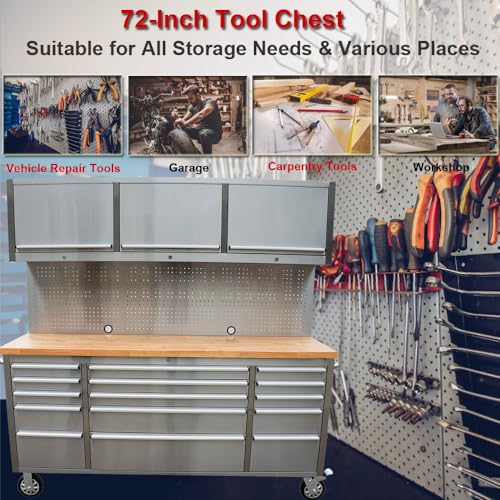 72-Inch Stainless Steel Rolling Tool Chest with 15 Drawers + 3 Upper Cabinets, Mobile Workbench, Assembled Large Tool Box Lockable Storage Cabinet with Wheels for Garage Workshop - size: 72'' + 3 Upper Cabinets - Stainless Steel