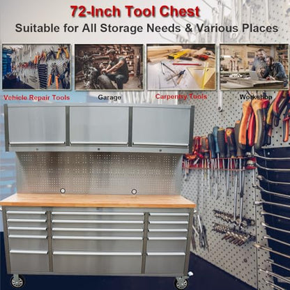 72-Inch Stainless Steel Rolling Tool Chest with 15 Drawers + 3 Upper Cabinets, Mobile Workbench, Assembled Large Tool Box Lockable Storage Cabinet with Wheels for Garage Workshop - size: 72'' + 3 Upper Cabinets - Stainless Steel