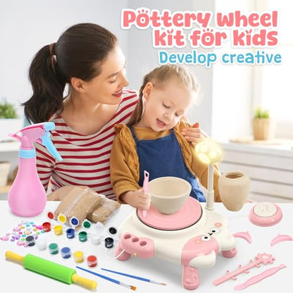 Pottery Wheel for Kids with Foot Pedal, Air Dry Clay Craft Kit Ages 6+ - color: Pink C
