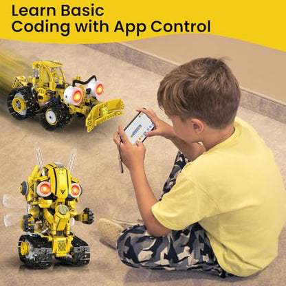 HPROMOT 5-in-1 STEM Robot Building Kit for Kids Ages 8-16, Remote & App Controlled, Rechargeable Engineering Learning DIY Coding Toy, Educational Building Blocks Gift for Girls & Boys (673 PCS) - color: Yellow
