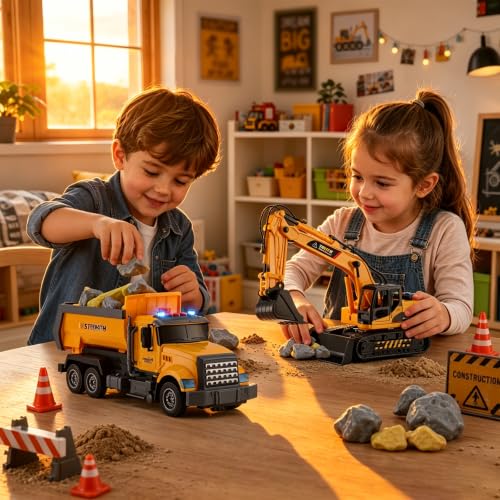LerBao 2 Pack Construction Engineering Truck Toys,Moveable Claw Excavator & Lifting Back Dump Truck Toy for 3 4 5 6 7 8 Years Old Boys Kids Childs Toddlers Christmas Birthday Gift