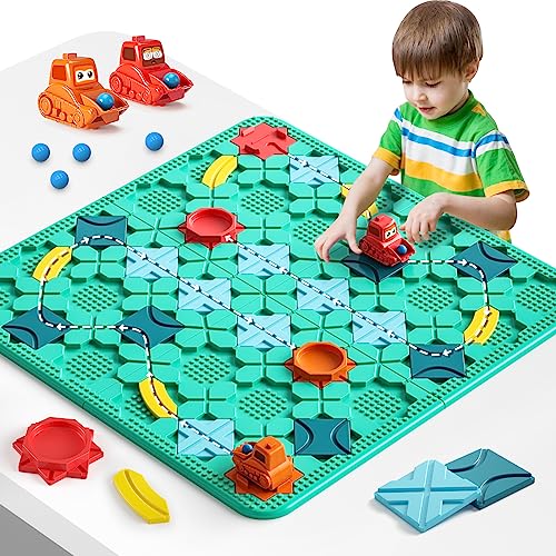 burgkidz STEM Road Build Puzzle: Teal Board, 200+ Chal. w/ 2 Cars - color: Green