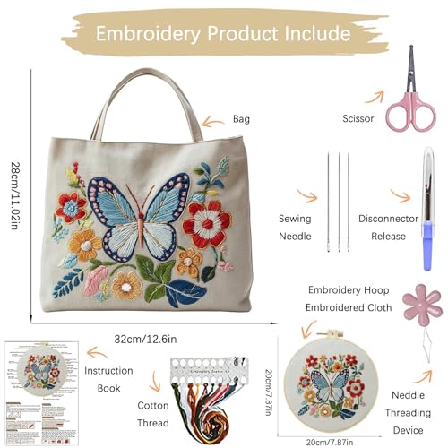 ARTopet Embroidery Tote Bag Kit for Beginners Butterfly Canvas Cross Stitch Handbag with Hoops Needles Threads Reusable Grocery Bag for Women-Butterfly03 - color: Butterfly03