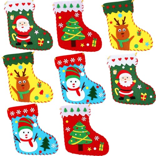 Yssreey 8 Sets Christmas Felt Crafts DIY Christmas Felt Stockings with Ornaments Handmade Sewing Sock Kits Create Your Own Christmas Stockings for Kids Christmas Favors