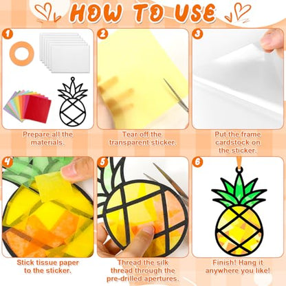 Qyeahkj 36 Sets Summer Suncatchers Crafts for DIY Summer Beach Fruit Tissue Paper Craft Kit Hawaiian Tropical Stained Glass Effect Window Ornaments Decoration for Home Art Project Party Favor Gift - style: Summer Beach Fruit
