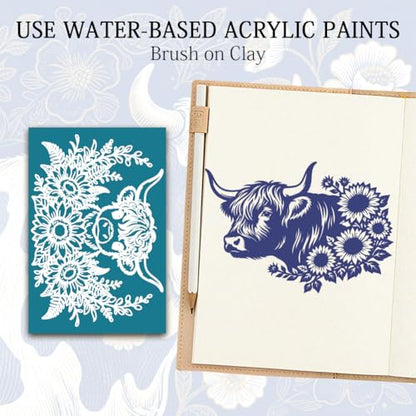 4Pcs 4 Styles Silk Screen Stencils Reusable Sunflower 3.9 x 6 Inch Polymer Clay Stencils Cattle Sunflowers Pattern Reusable Nylon Transfers for Clay Wood Fabric Jewelry Making DIY Crafts - color: Cattle