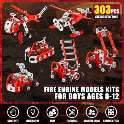 Building Fire Truck Set For Boys Age 8-12，Stem Assembly Metal 3-d Puzzle Fire Engine Model Car Building Kit Construction Toys，Parent-Child Interaction Gifts Erector Sets For Kids 8-16 Red（303pcs）