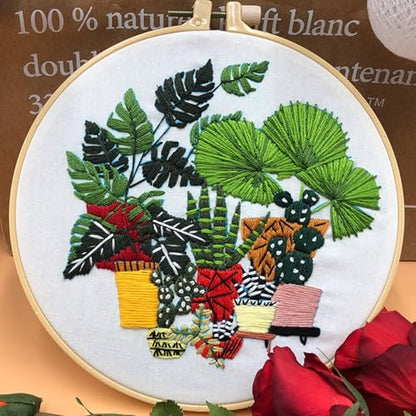 SCECALA 3 Pack Plant Embroidery Kit for Beginners - Green Plant Potted with Embroidery Pattern, Hoop, Complete Cross Stitch Supplies (Needle/Threads/Scissors) DIY Craft for Adults Sewing Hobby - color: Green