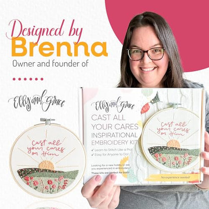 Elly & Grace Christian Embroidery Kit with Embroidery Hoop, Easy Embroidery Kit for Beginners and Adults, Full Embroidery Hoop Kit with Needles and Thread Included (Cast All Your Cares) - style: Cast All Your Cares