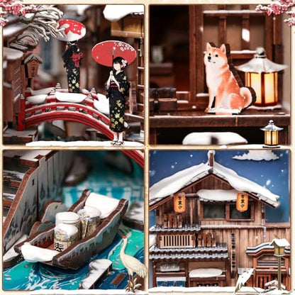 Fsolis Book Nook Kit for Adults – Japanese DIY 3D Wooden Puzzles - color: Kyoto Snow Whisper