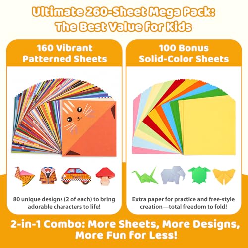 GAMENOTE Origami Kit for Kids Ages 8-12, 80 Assorted Projects, 260 Sheets