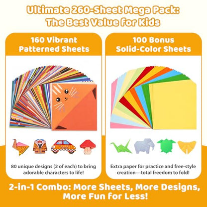 GAMENOTE Origami Kit for Kids Ages 8-12, 80 Assorted Projects, 260 Sheets