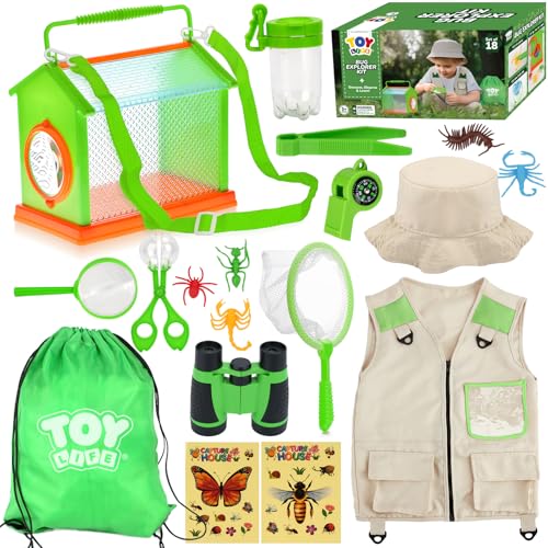 TOY Life Kids Explorer Kit with Bug Catcher for Kids, Bug Catching Kit with Bug Toys, Kid Safari Vest & Hat, Compass, Binoculars, Magnifying Glass, Educational Outdoor Toys Boys Kid Adventure Kit - style: 18 PCS Dress-Up Explorer Set