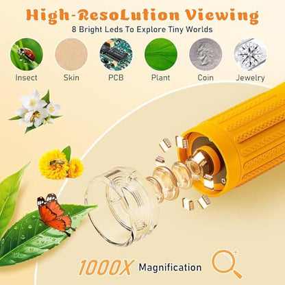 1000X Digital Microscope for Kids, 3" Screen, Handheld Photo Video - color: Warm yellow