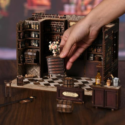 Corner Tavern Book Nook Kit, 3D Wooden Puzzle DIY Miniature House with Warm LED Light, Aesthetic Bookshelf Insert Decor for Adults & Teens - style: Corner Tavern