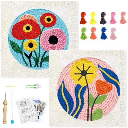 BEUNITONE 2PCS Bohemian Flower Punch Needle Kit for Adults Beginners - color: 06-Abstract Flower