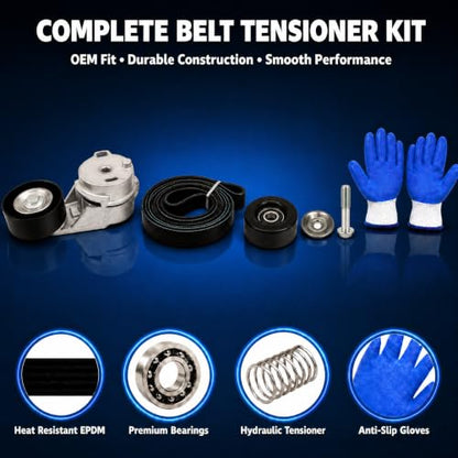 Serpentine Belt Tensioner & Idler Pulley Kit with EPDM Belt Compatible with Chevrolet Trailblazer 2002-2009, GMC Envoy, Buick Rainier, Isuzu Ascender, Saab 9-7X, Bravada DOHC 4.2L, Replace 90K-38178 - size: 90K38178