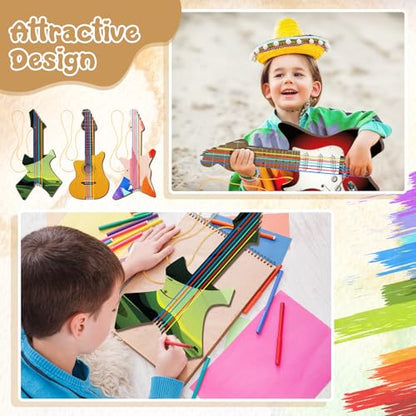 Syhood 36 Pcs 18 Sets DIY Wood Guitar (6 Difference Designs) with Pigments (6 Colors), DIY Wood Instruments Gift for Crafts Art Birthday Music Theme Party(Trendy Style) - style: Trendy Style