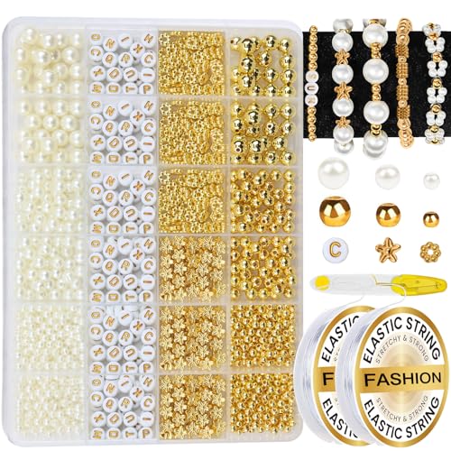 Hpebl Ivory Pearl Bracelet Beads Kit Gold Beads for Bracelets for Adult - color: 03-Gold & Off-White