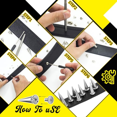 RYKOMO 354 Sets Punk Spikes and Studs Kit,Metal Tree Spikes Studs 8 Sizes, Cone Spike and Studs Rivets for Leather Craftsmanship, Punk Style Clothing, Jackets, Shoes, Belt Bags, Dog Collars