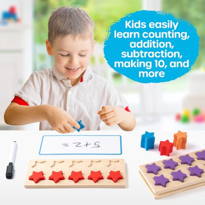 SYNARRY Wooden Ten-Frame Set Math Manipulatives for Kindergarten Classroom Elementary 1st 2nd Grade, Montessori Toys Gifts for 3-8, Addition and Subtraction Counters Math Games for Kids Ages 6-8