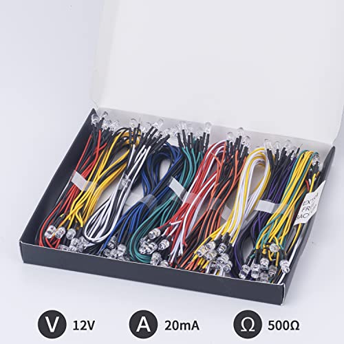 DiCUNO 100Pcs (10 Colors × 10Pcs) 5MM Pre Wired 12V LED Diodes, 9.4" Lead - color: 10 Colors * 10 Pcs