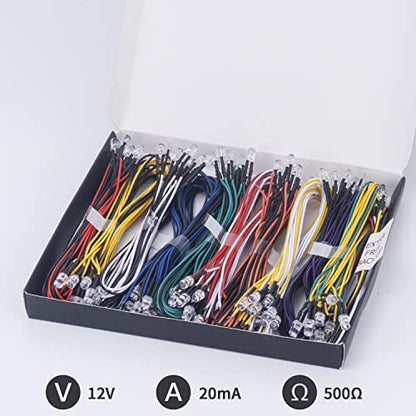 DiCUNO 100Pcs (10 Colors × 10Pcs) 5MM Pre Wired 12V LED Diodes, 9.4" Lead - color: 10 Colors * 10 Pcs