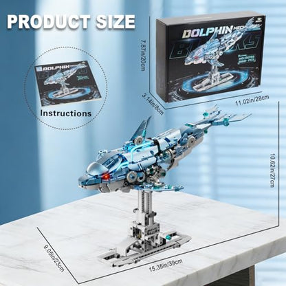 Mechanical Blue Dolphin Building Blocks Linkage Kit, Sea Animal Model with Lighting, Display Stand, STEM Power Motor Toy, DIY Desktop Ornament for Kids & Adults Ages 12+, Birthday Gift Idea - color: Blue Dolphin