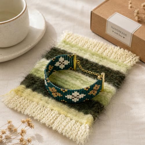 TMEGMIC 2-in-1 Wooden Bead Loom Kit, Bracelet and Coaster Weaving Kit with - color: Emerald Green Kit