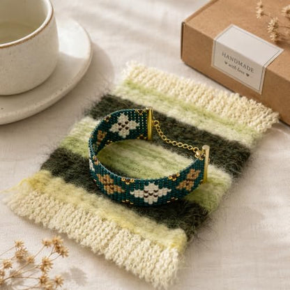 TMEGMIC 2-in-1 Wooden Bead Loom Kit, Bracelet and Coaster Weaving Kit with - color: Emerald Green Kit