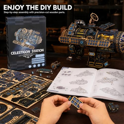 Roroom Mechanical 3D Wooden Puzzles for Adults, 511pcs Wood Building Kit - color: Celestigon Station(black)