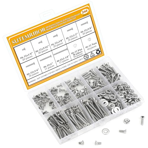 244 Pieces #6-32 x 1/4", 5/16", 3/8", 1/2", 5/8", 3/4", 1", 1-1/4", Phillips Countersunk Head Machine Screws Nuts Washers Assortment Kit - size: #6-32, style: Phillips Countersunk Head