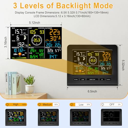 Urageuxy WiFi Weather Station - 7-in-1 Wireless Smart Home Weather Stations with Rain Gauge and Wind Speed/Direction,Temperature, Humidity, Weather Forecast, UV/Light, Moon Phase and Alarm - color: Black