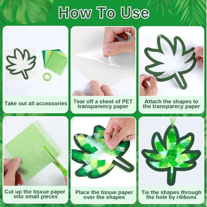 Qyeahkj 36 Set Palm Sunday Suncatchers Crafts for DIY Easter Palm Leaves Window Tissue Paper Crafts Kit Green Leaf Hanging Decor for Spring Home Activity Art Project Party Favor Gift - style: Palm Leaves