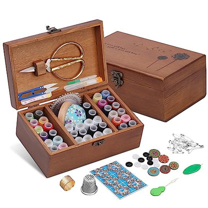 SHWAKK Sewing Kit, Wooden Sewing Kit Box for Adults Beginner Traveler