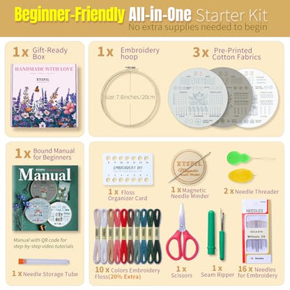 ETSPIL Embroidery Kit for Beginners, 4K Step-by-Step Video, Adults, Gift - color: simple B