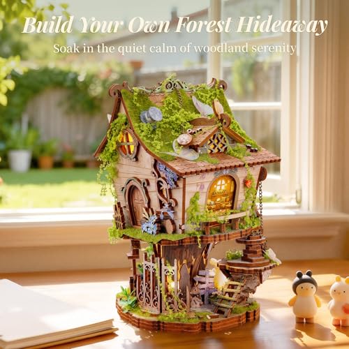 FUNPOLA Rowan’s Treehouse LED 3D Wooden Puzzle Kit, DIY Miniature Fairy Treehouse with Light, Wooden Craft Bookshelf Décor Gift for Adults