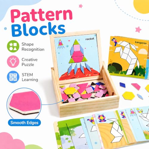 Magnetic Pattern Blocks Wooden Shape Puzzles for Kids Early STEM Learning