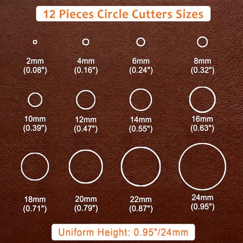 Leather Circle Cutter Tool Set, 12 Pieces Small Circle Punch Tools 2/4/6/8/10/12/14/16/18/20/22/24mm, High Carbon Steel Round Cutting Dies - Leather Hole Punch Tool Kit for DIY Leathercrafts - size: 12 Sizes