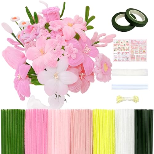 601PCS Pipe Cleaner Flower Kit, Pink Pipe Cleaners Bulk for Flower Making