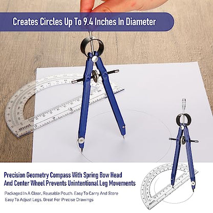 EBOOT Math Geometry Set Metal Compass 6" Clear Protractor, Blue - color: Blue