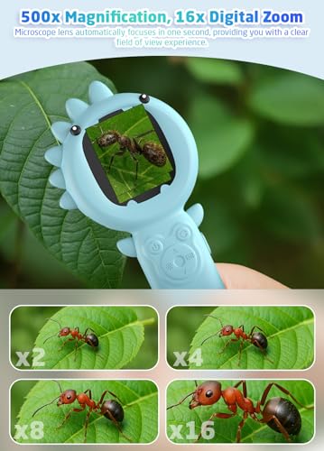 PHNIXGAM Kids Microscope Camera, 500X Handheld 2" IPS Screen, Blue Dinosaur - color: Blue Dinosaur