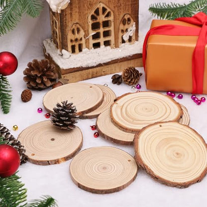 Max Fun Natural Wood Slices 30PCS 3.5-4'' Crafts DIY Wooden Christmas Ornaments Unfinished Predrilled Round Wood Circles for Arts and Crafts Centerpieces Holiday Hanging Decorations - size: 3.5"-4"
