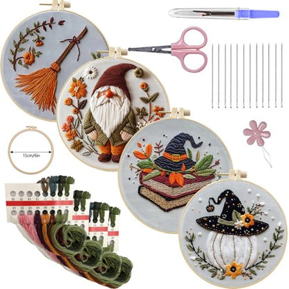 SCECALA 4 Pack Funny Halloween Embroidery Kit for Beginners - color: Brown Blue