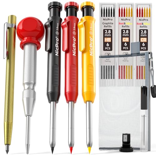 Nicpro 10 Pack Carpenter Pencils Mechanical, Construction Pencils with 21 Refill, Automatic Center Punch and Carbide Scribe Tool, Mechanical Pencil for Woodworking, Best Carpenters Marking Tool - style: 10 Pack