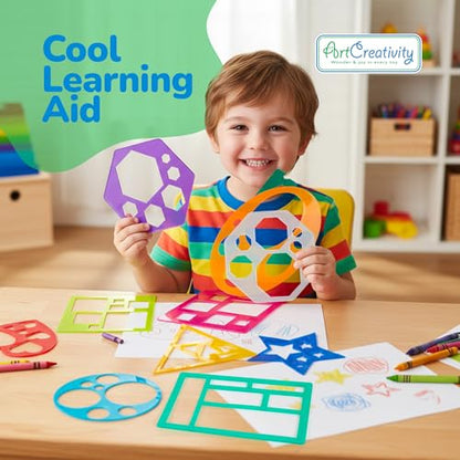 Karty Thick Shape Stencil Set with Case, 10pcs Sturdy Plastic Drawing Templates for Kids, Teacher Classroom Supplies and Preschool Arts & Crafts, Colorful Learning Kit for Toddlers Ages 4+
